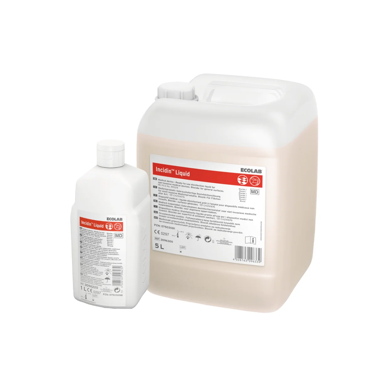 Un flacon de 1 litre et un bidon de 5 litres d'INCIDIN LIQUID : désinfection rapide et large spectre pour vos dispositifs médicaux.