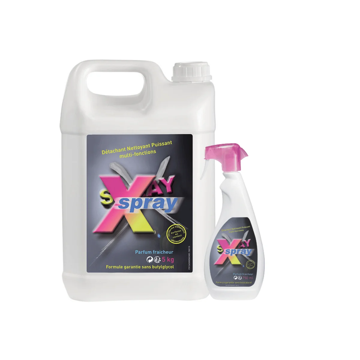 Un bidon de 5 litres et un spray de 750 ml d'X-SPRAY ANIOS : détachant nettoyant surpuissant pour professionnels