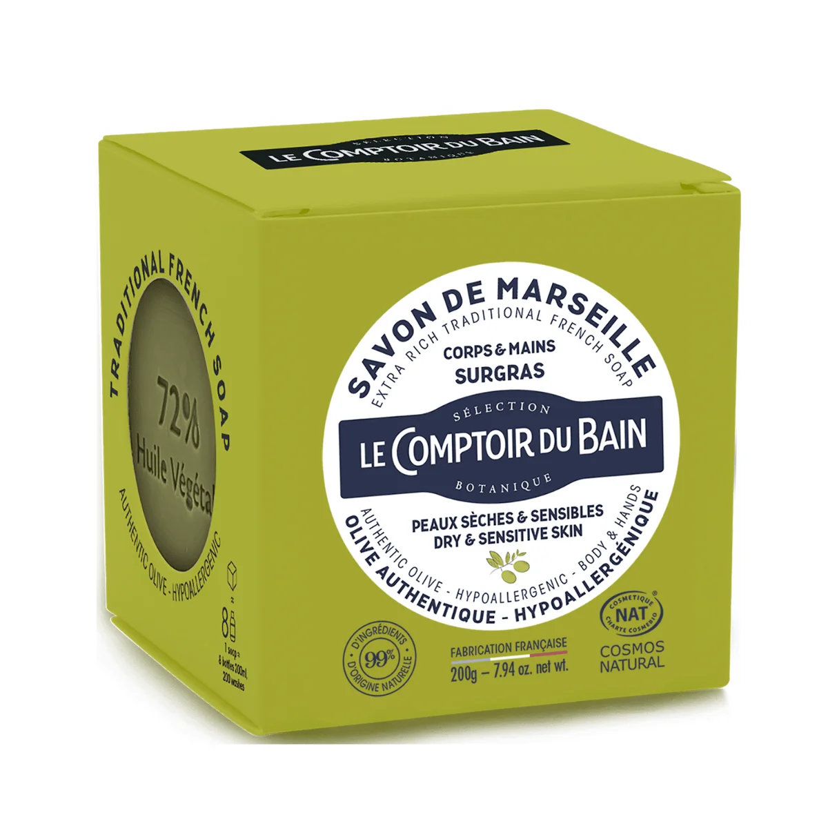 Un cube de 200 grammes de savon de Marseille cube Authentique Le Comptoir du Bain – 100 % olive, 200 g