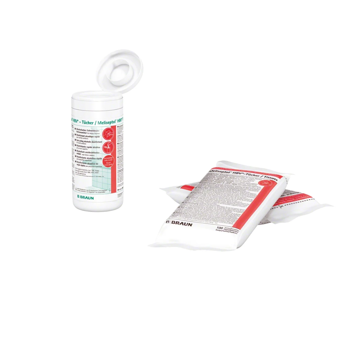 Une boite distributrice de 100 lingettes ouvertes et deux sachets de recharge de 100 lingettes de Meliseptol HBV : lingettes désinfectantes B.Braun pour surfaces et dispositifs médicaux