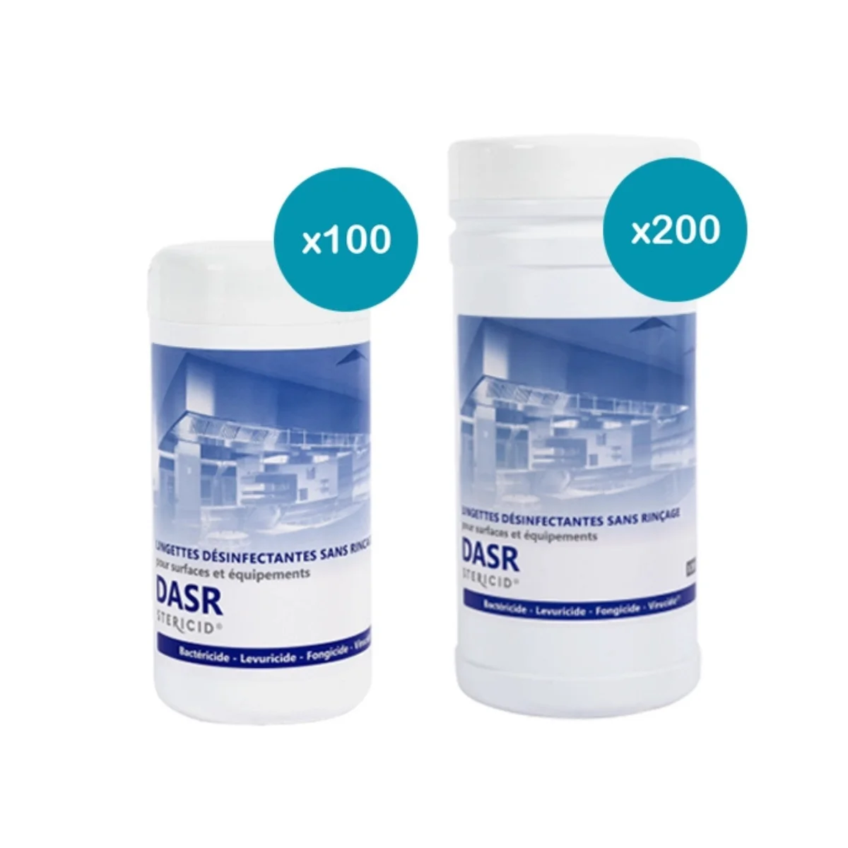 Deux boîtes distributrices de 100 et 200 lingettes DASR STERICID : lingettes désinfectantes sans rinçage pour surfaces alimentaires