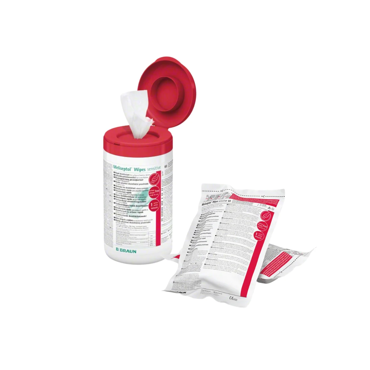 Une boite distributrice de 60 lingettes ouverte et deux sachets de recharge de 60 lingettes MELISEPTOL WIPES SENSITIVE : lingettes détergentes désinfectantes B.Braun pour surfaces et dispositifs médicaux