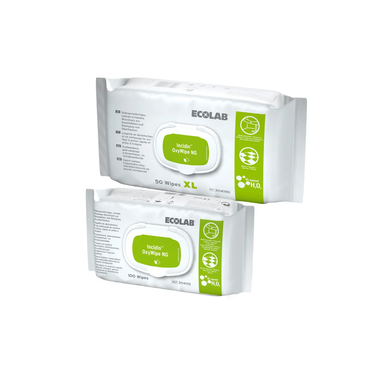 Deux paquets de lingettes d'INCIDIN OXY WIPE NG : lingettes désinfectantes prêtes à l'emploi pour surfaces et dispositifs médicaux
