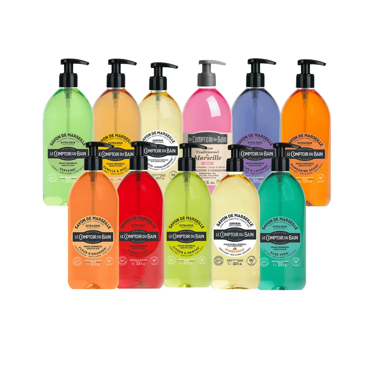 Ensemble des parfums disponibles de savon liquide Le Comptoir du Bain (LCB) 1 L : lavage doux en milieu pro en flacon-pompe de 1 litre