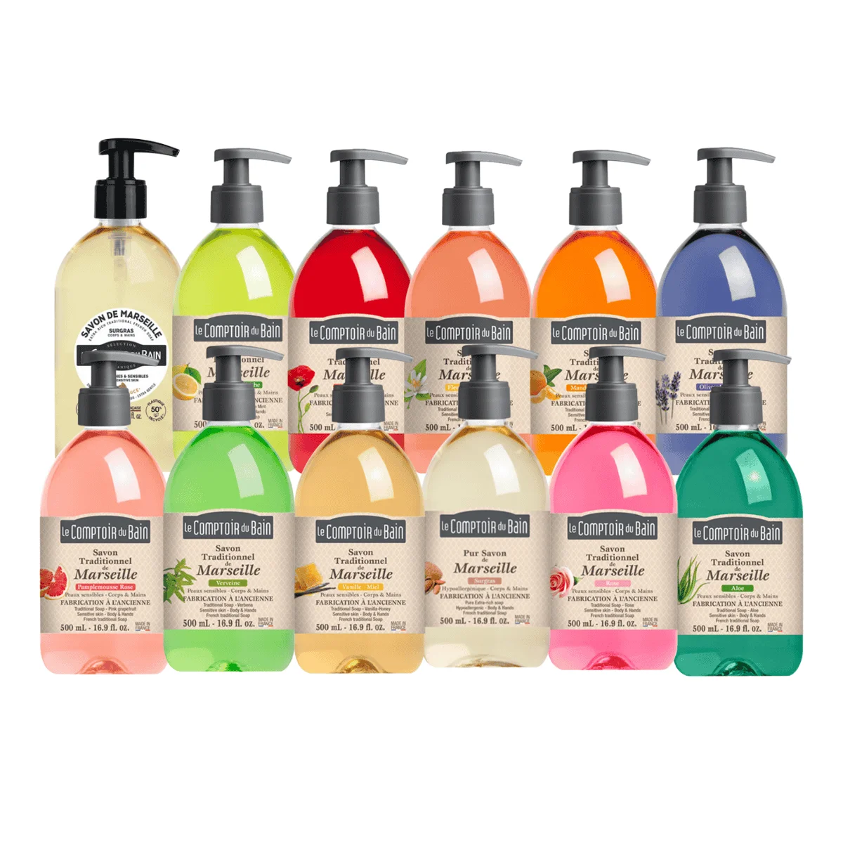 Ensemble des conditionnements disponibles de savon liquide de Marseille Le Comptoir du Bain (LCB) 500 ml – Soin doux pour peaux sensibles