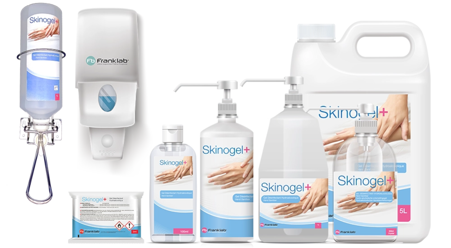 Ensemble des conditionnements disponibles pour le gel désinfectant hydroalcoolique Skinogel + de Franklab
