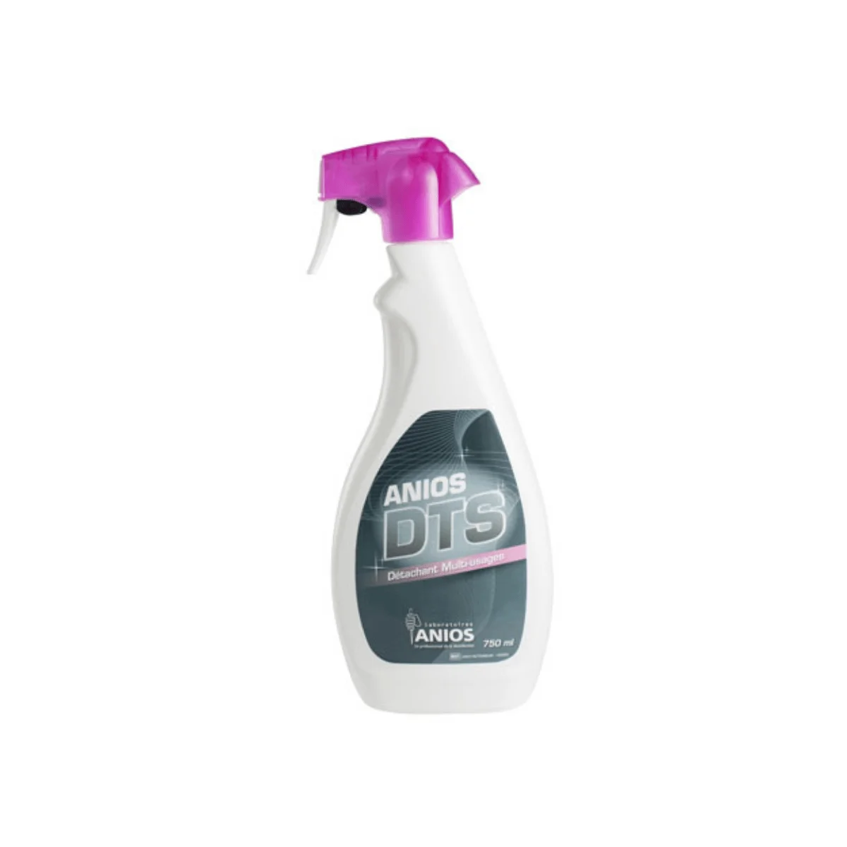 Un spray de 750 ml vu de face d'ANIOS DTS : détachant multi-usages professionnel pour surfaces lavables en milieu médical