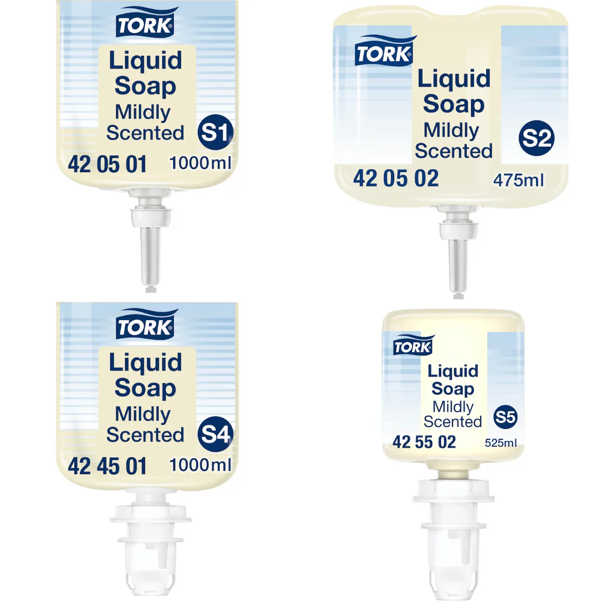 Ensemble des conditionnements disponibles de TORK SENTEUR DOUCE : savon liquide pour lavage des mains en collectivité