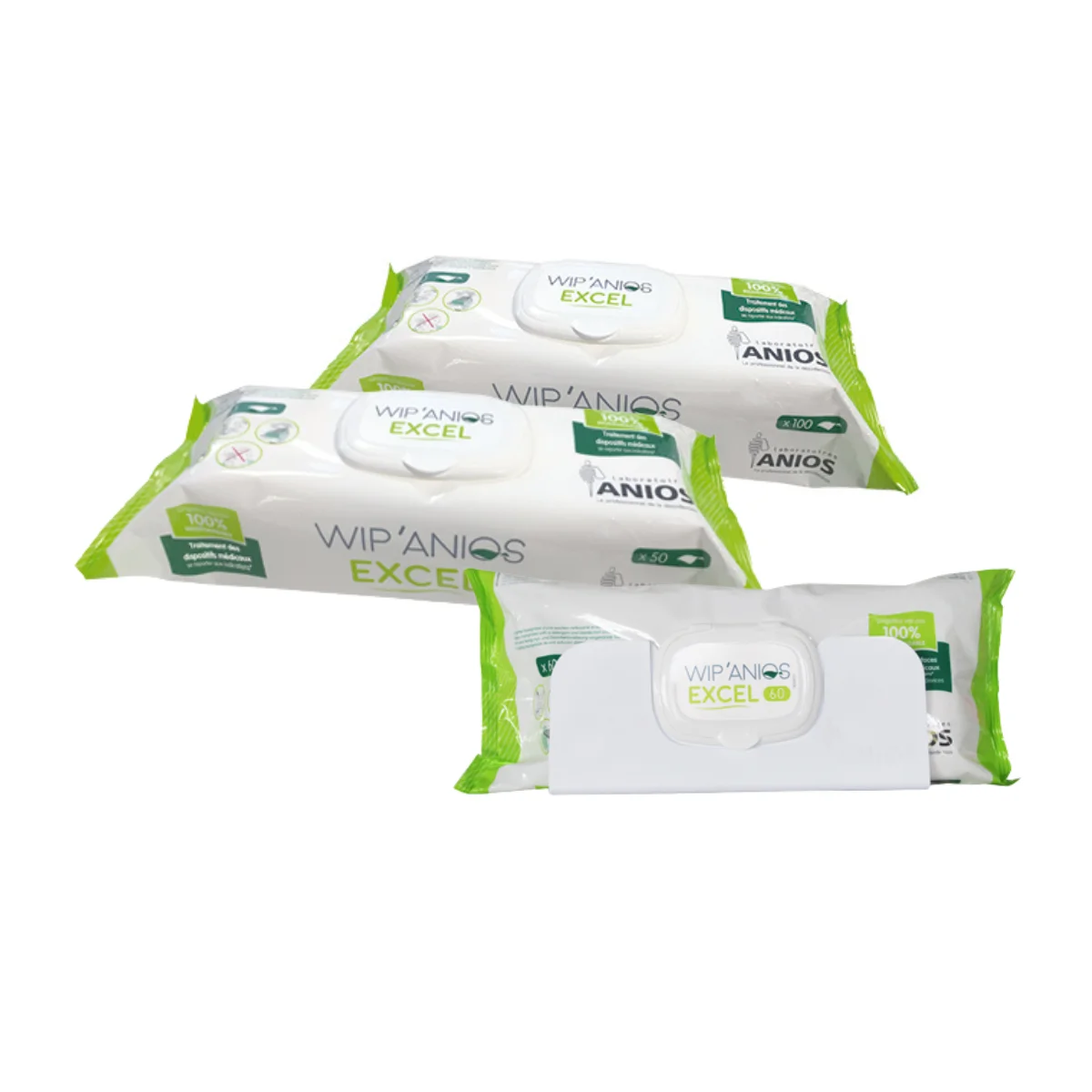 Ensemble des formats disponibles de Wip'Anios Excel lingette détergente désinfectante biocide